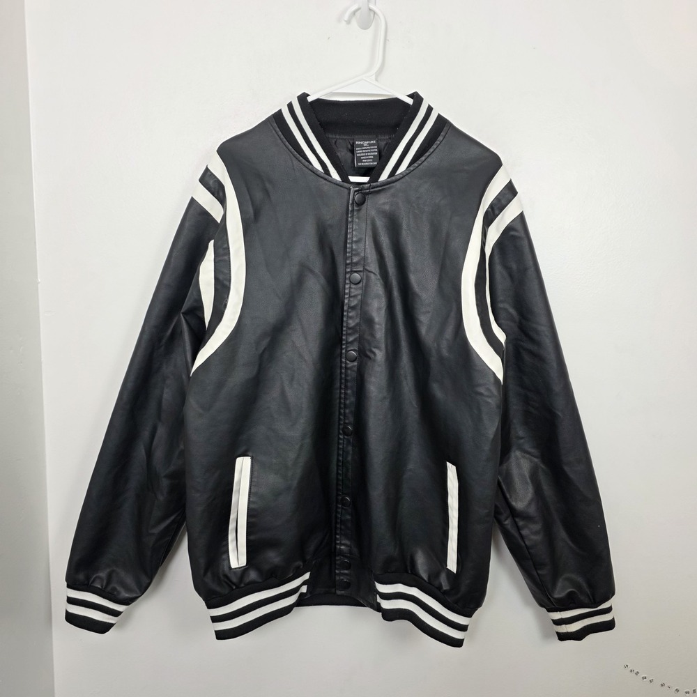 Ring Of‎ Fire Black White Faux Leather Bomber Varsity Streetwear Jacket Size XL